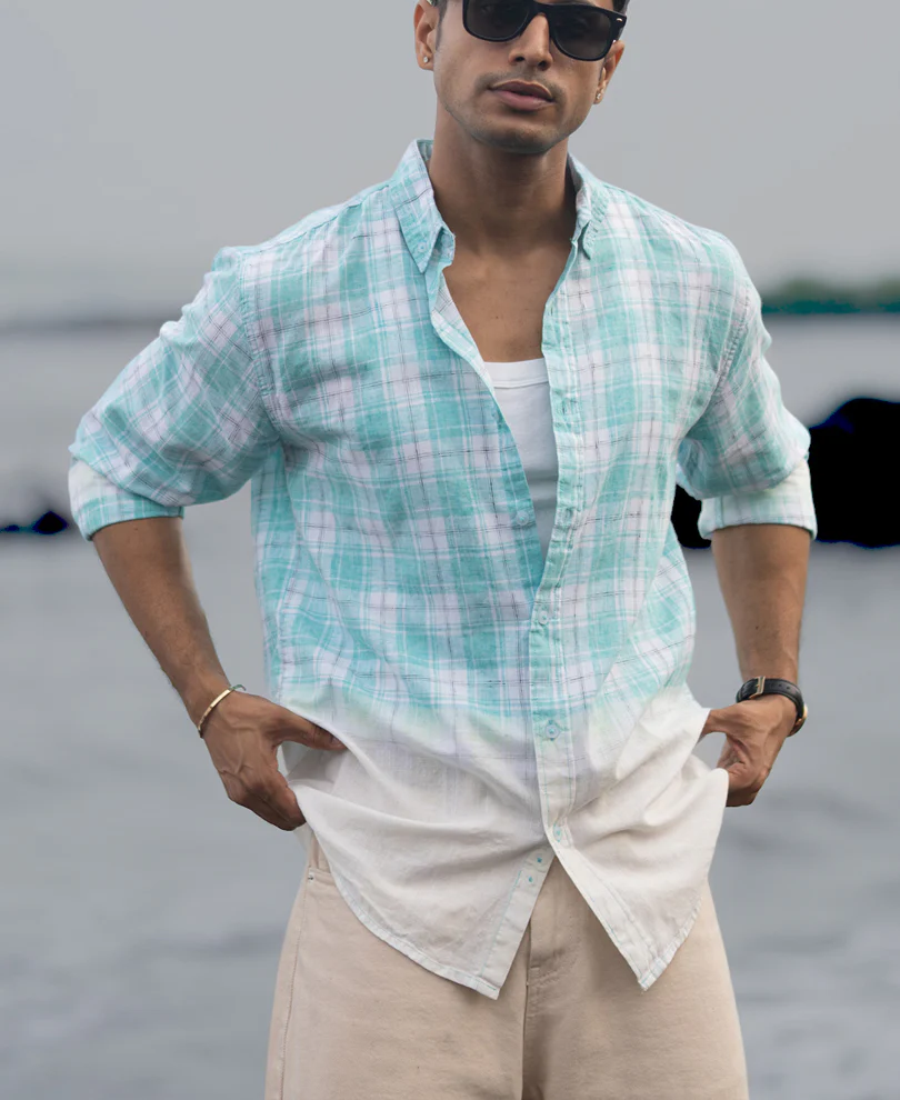 Aqua Blue Light Weight Ombre Checks Shirt 100% Cotton - Image 3