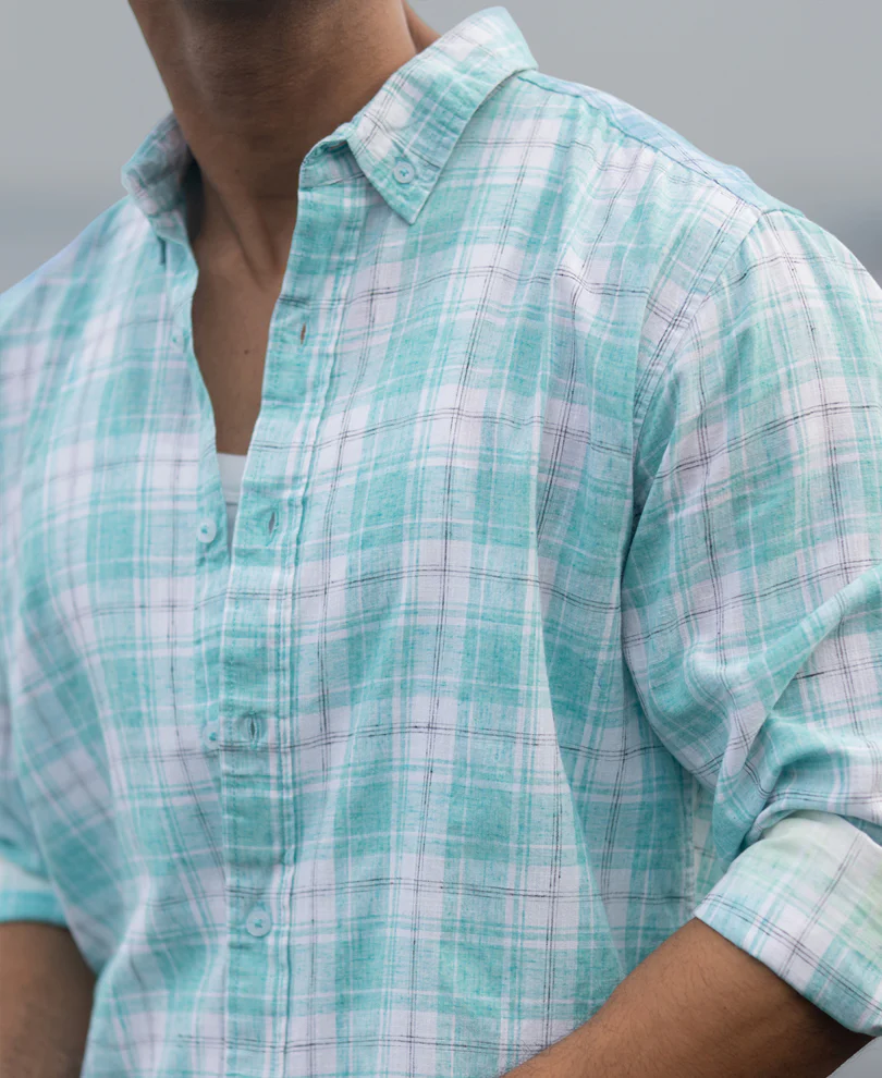 Aqua Blue Light Weight Ombre Checks Shirt 100% Cotton - Image 5