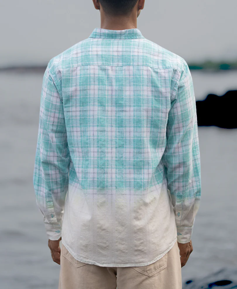 Aqua Blue Light Weight Ombre Checks Shirt 100% Cotton - Image 6