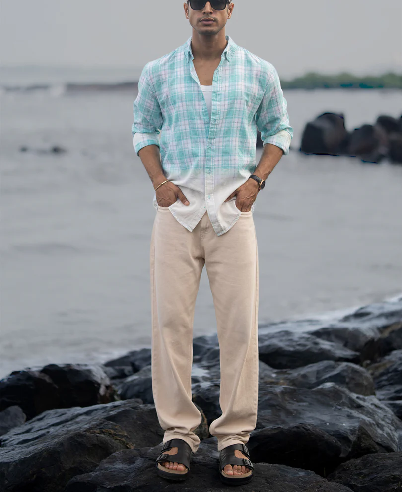 Aqua Blue Light Weight Ombre Checks Shirt 100% Cotton - Image 7