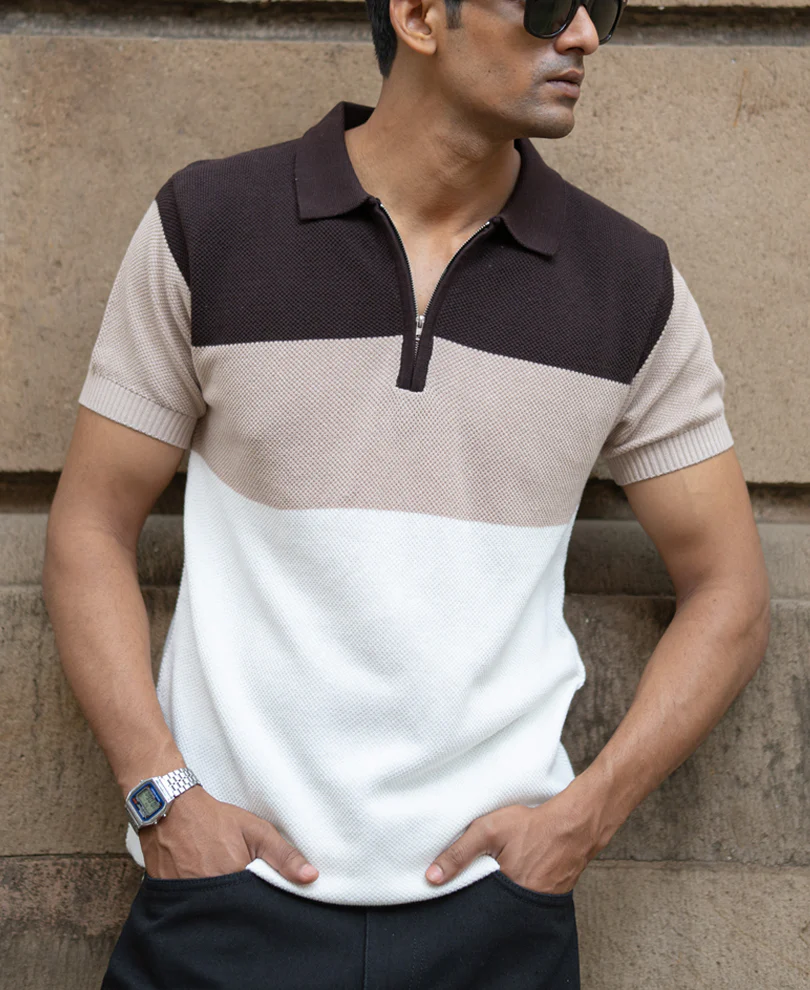 Beige & Brown Knit Stripe T-Shirt 100% Cotton - Image 2
