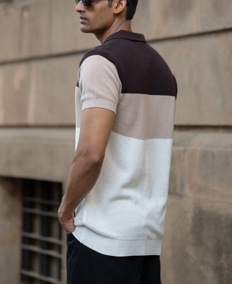 Beige & Brown Knit Stripe T-Shirt 100% Cotton - Image 5
