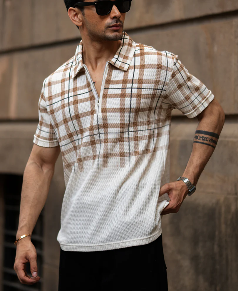 Beige Checks Print T-Shirt 100% Cotton - Image 2
