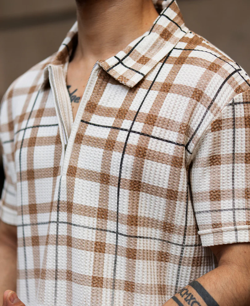 Beige Checks Print T-Shirt 100% Cotton - Image 3