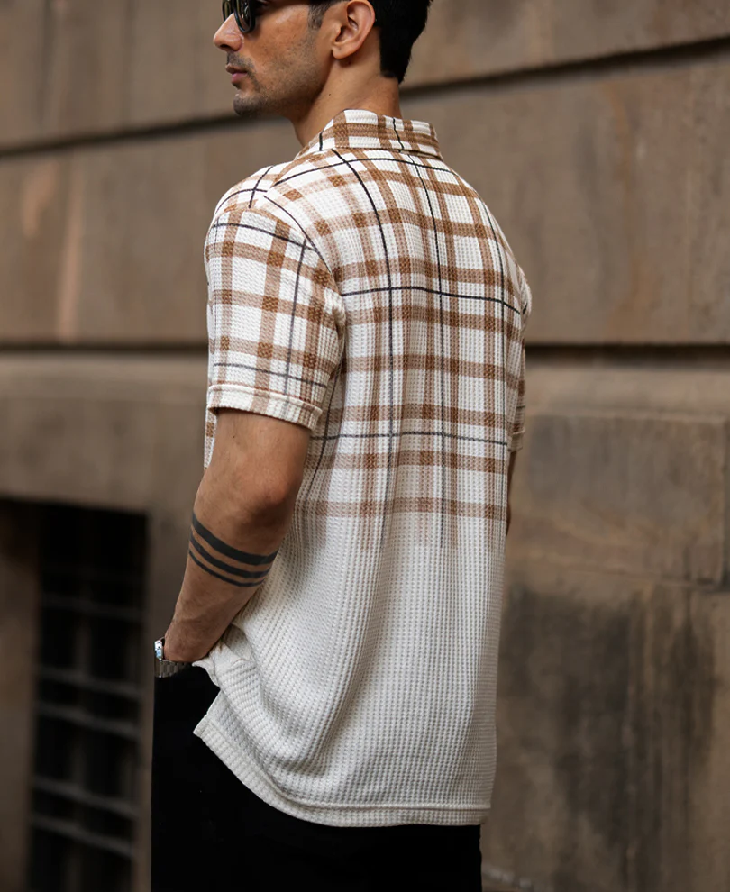 Beige Checks Print T-Shirt 100% Cotton - Image 5