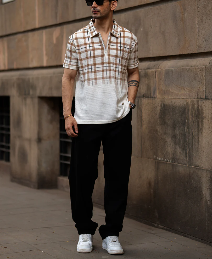 Beige Checks Print T-Shirt 100% Cotton - Image 6