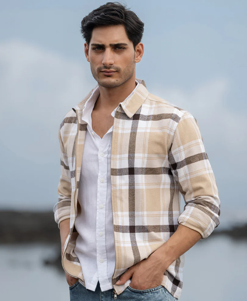 Beige Checks Zipper Shirt - Image 2