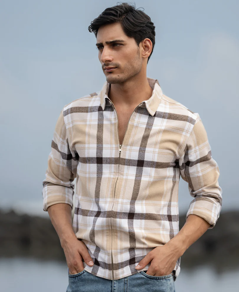 Beige Checks Zipper Shirt - Image 3