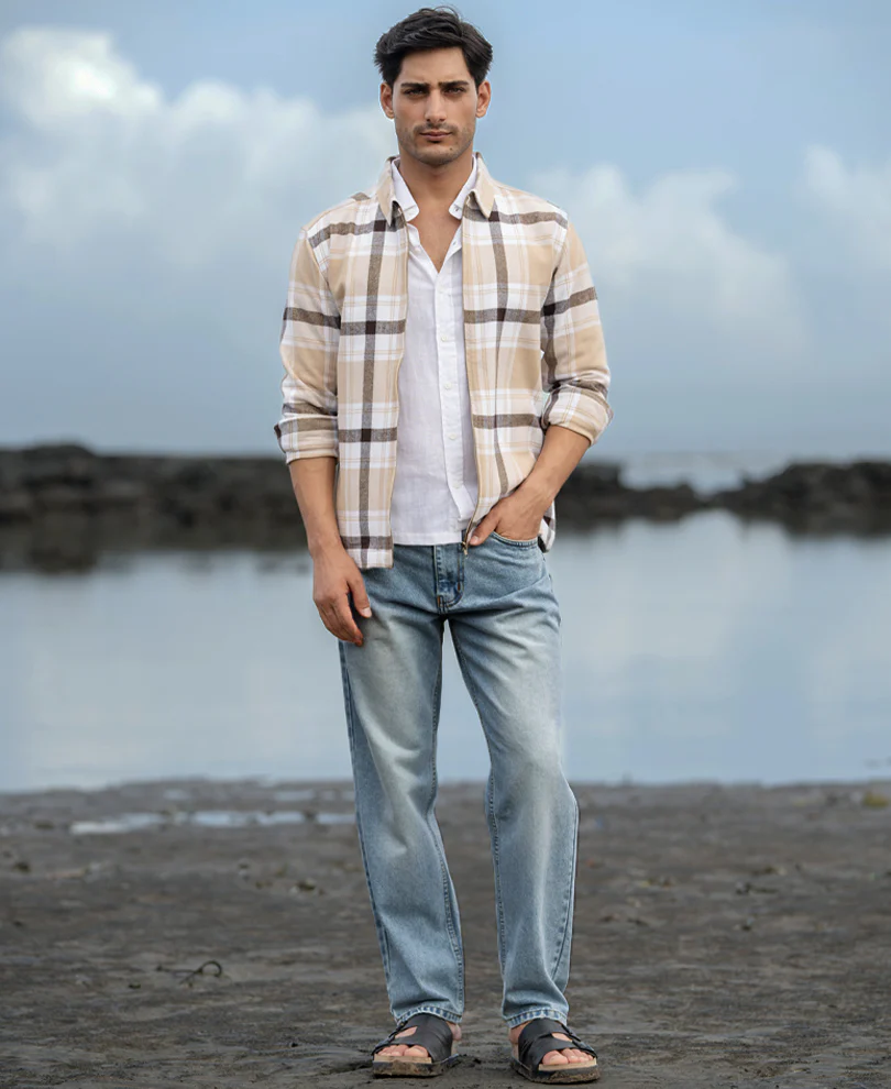 Beige Checks Zipper Shirt - Image 6