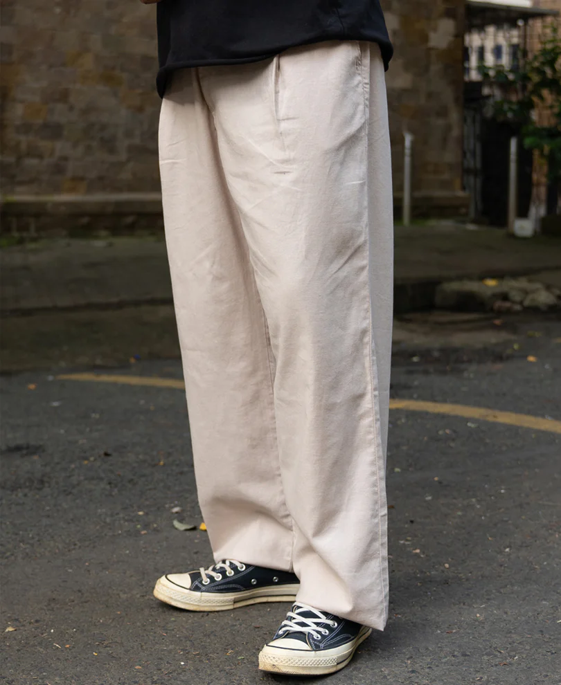 Beige Contrast Belt Linen Trouser - Image 3