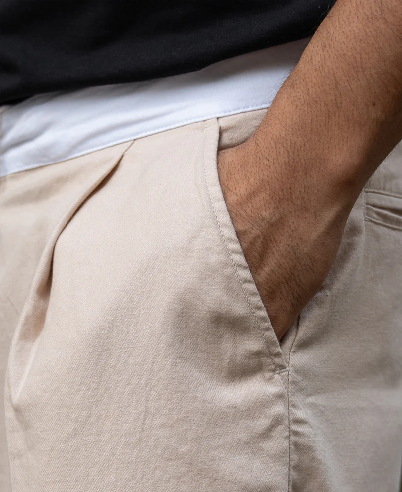 Beige Contrast Belt Linen Trouser - Image 4