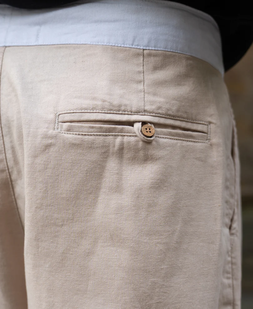 Beige Contrast Belt Linen Trouser - Image 5
