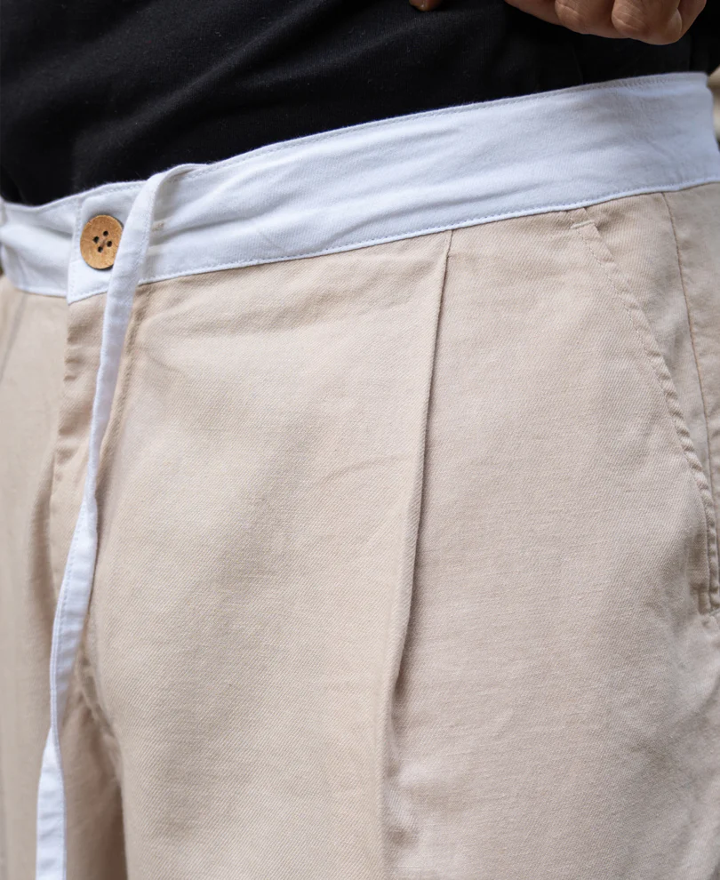 Beige Contrast Belt Linen Trouser - Image 6