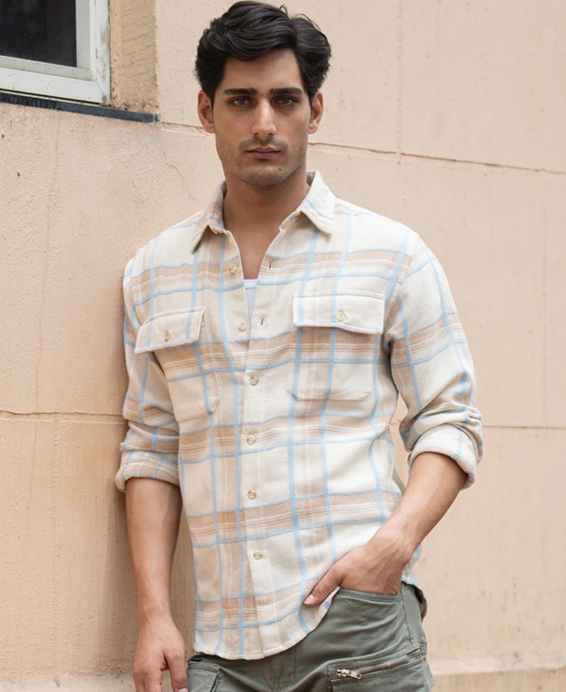 Beige Double Pocket Checks Shirt - Image 2