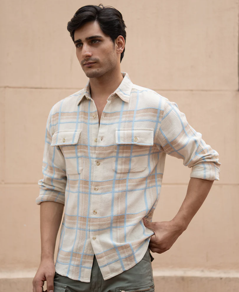 Beige Double Pocket Checks Shirt - Image 3