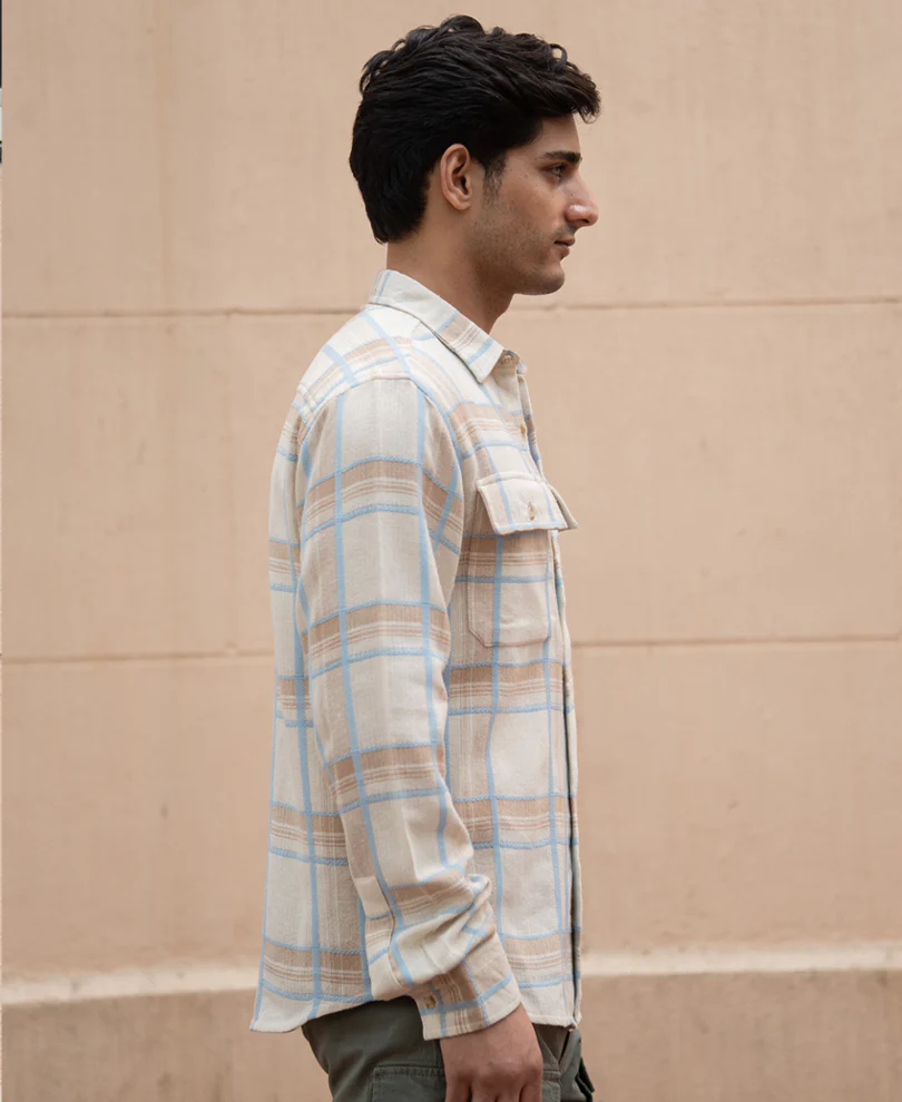 Beige Double Pocket Checks Shirt - Image 4