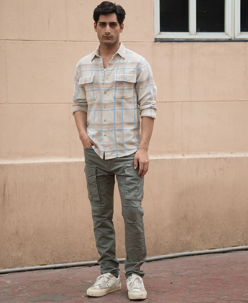 Beige Double Pocket Checks Shirt - Image 7