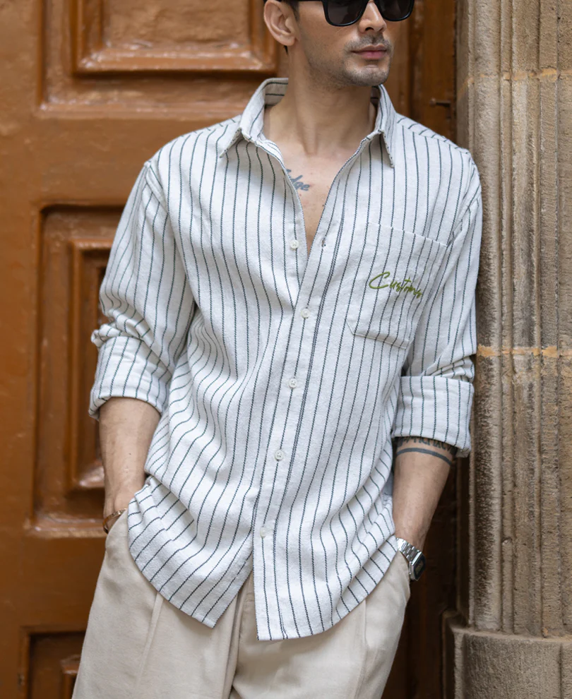 Beige Embroidered Stripe Shirt - Image 2