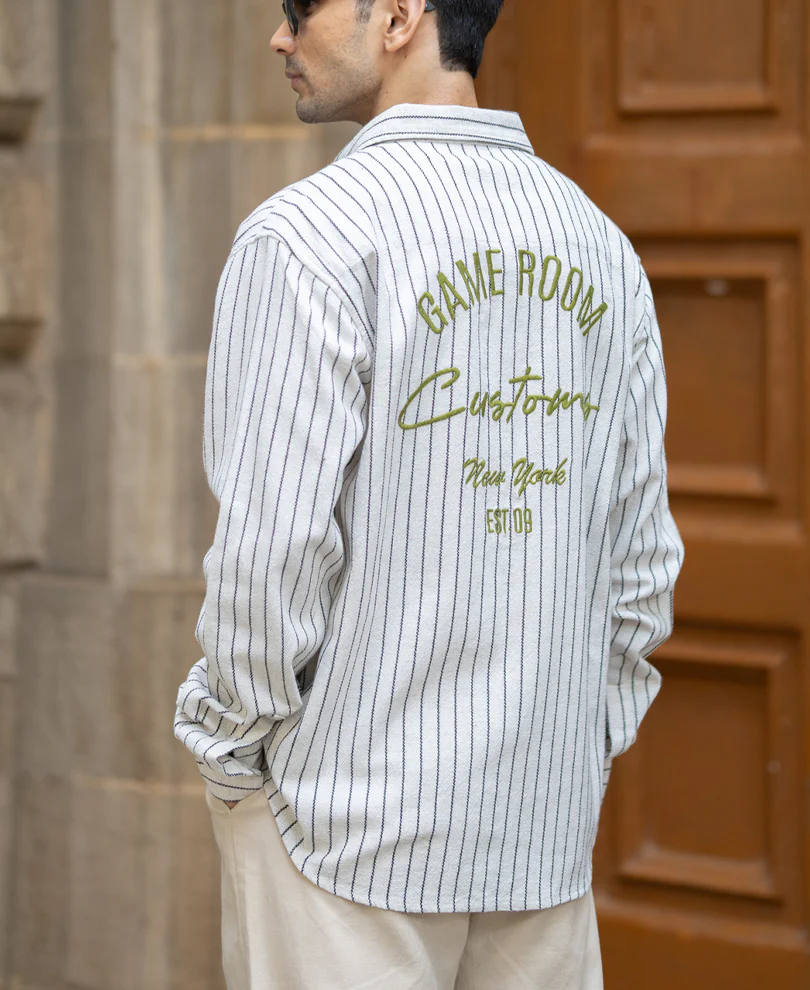 Beige Embroidered Stripe Shirt - Image 5