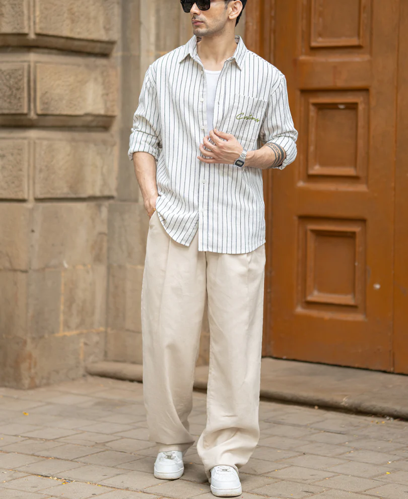 Beige Embroidered Stripe Shirt - Image 6