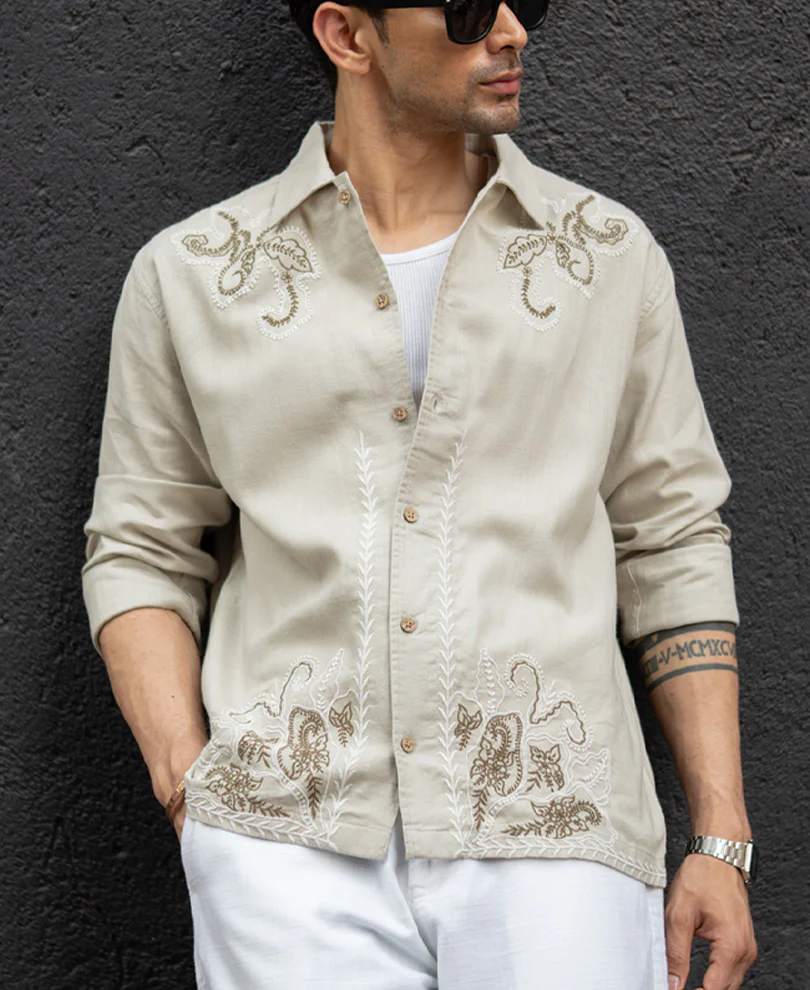 Beige Floral Embroidery Shirt 100% Cotton - Image 2