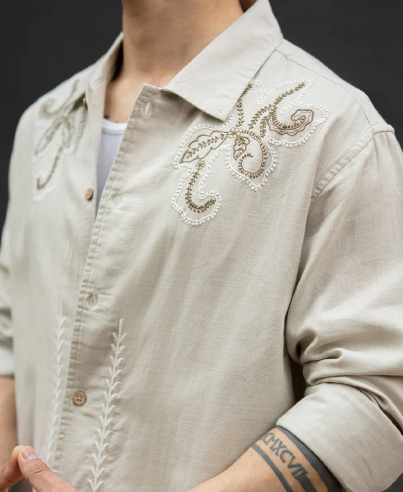 Beige Floral Embroidery Shirt 100% Cotton - Image 3