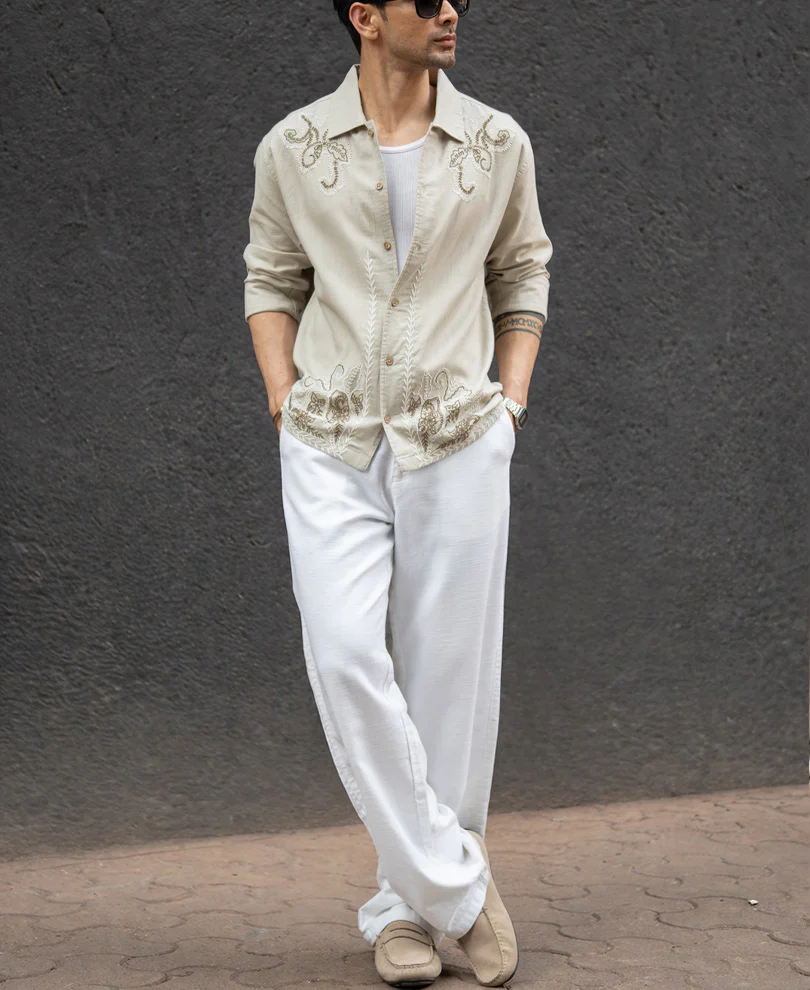 Beige Floral Embroidery Shirt 100% Cotton - Image 6