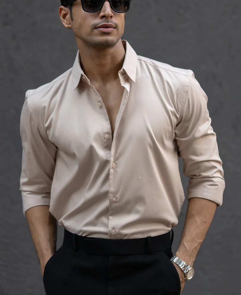 Beige Melange Stretch Shirt - Image 2