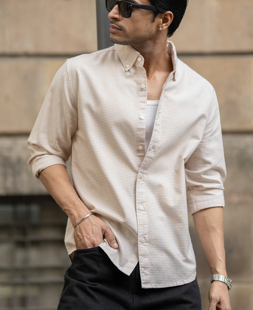 Beige Microchecks Oxford Shirt 100% Cotton - Image 2