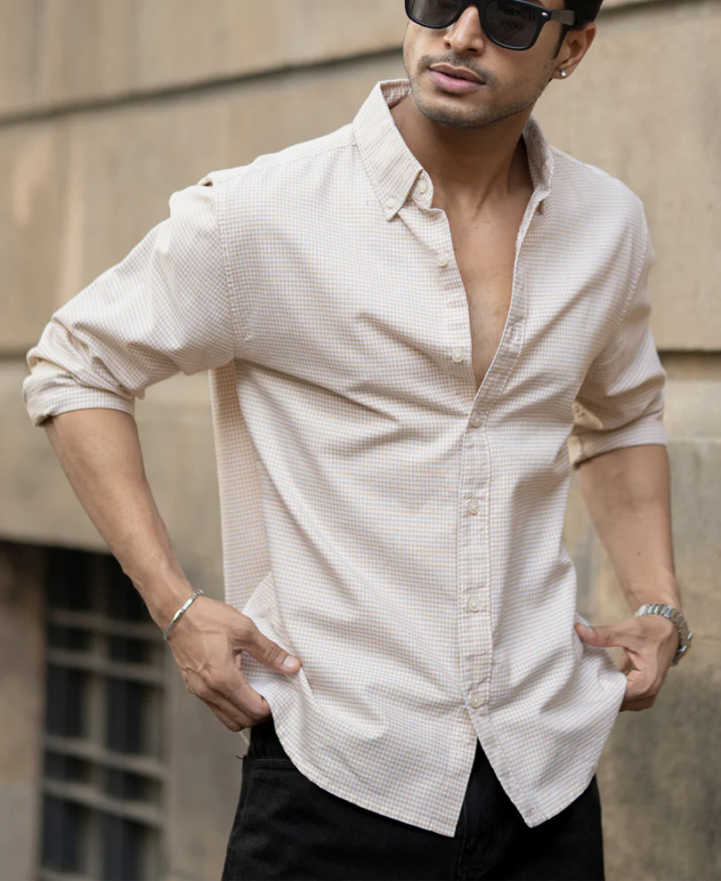Beige Microchecks Oxford Shirt 100% Cotton - Image 3