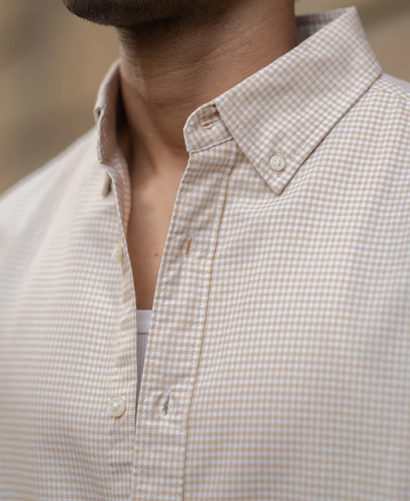 Beige Microchecks Oxford Shirt 100% Cotton - Image 4