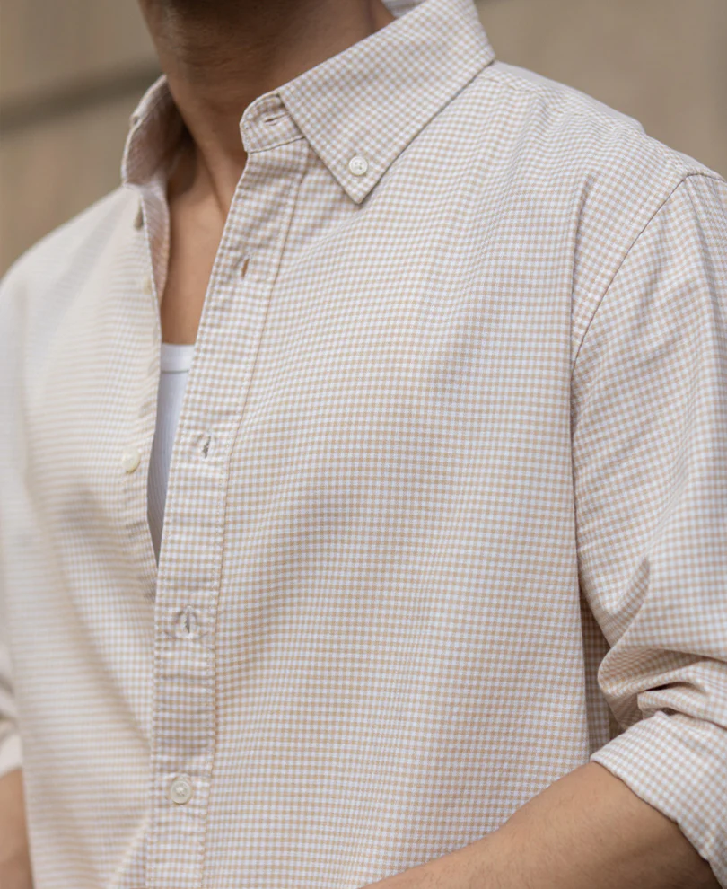 Beige Microchecks Oxford Shirt 100% Cotton - Image 5