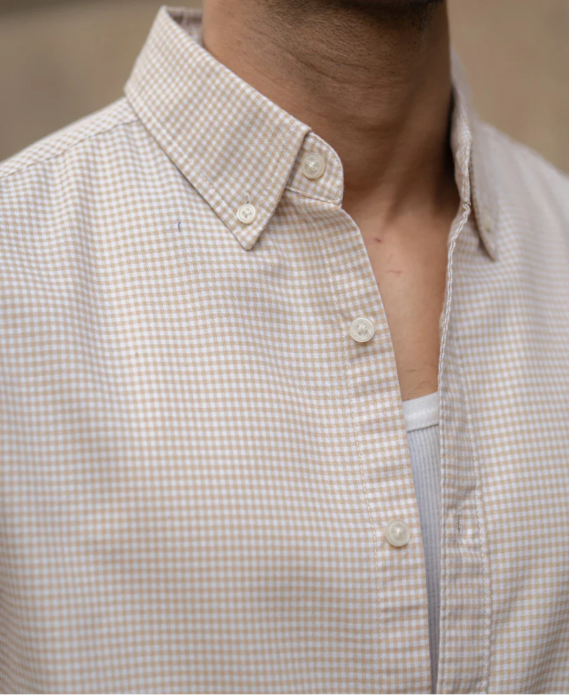 Beige Microchecks Oxford Shirt 100% Cotton - Image 6
