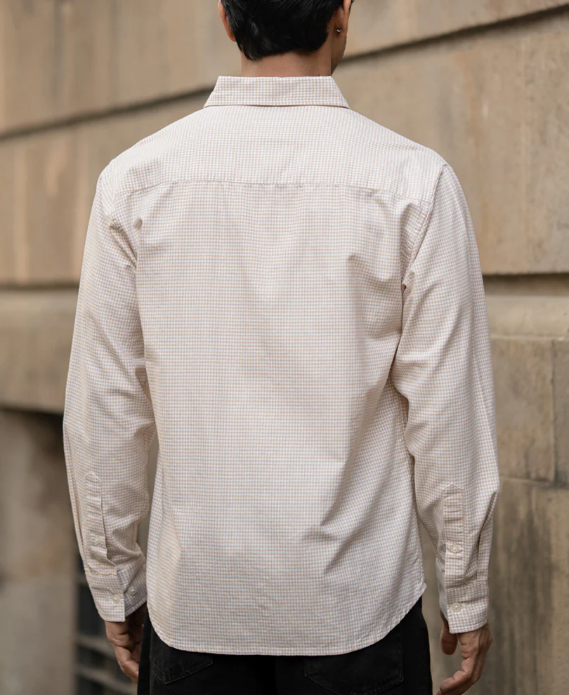Beige Microchecks Oxford Shirt 100% Cotton - Image 7