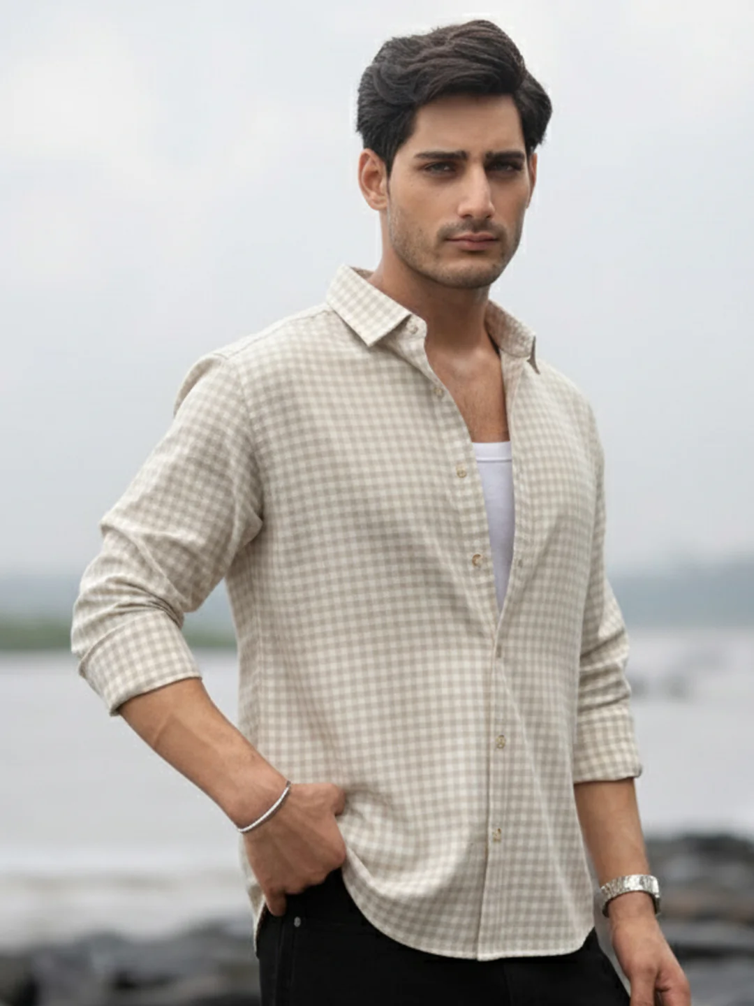 Beige  Checks Shirt - Image 3