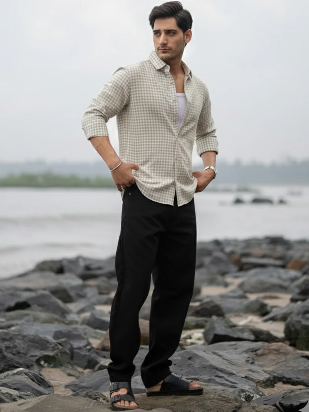 Beige  Checks Shirt - Image 6