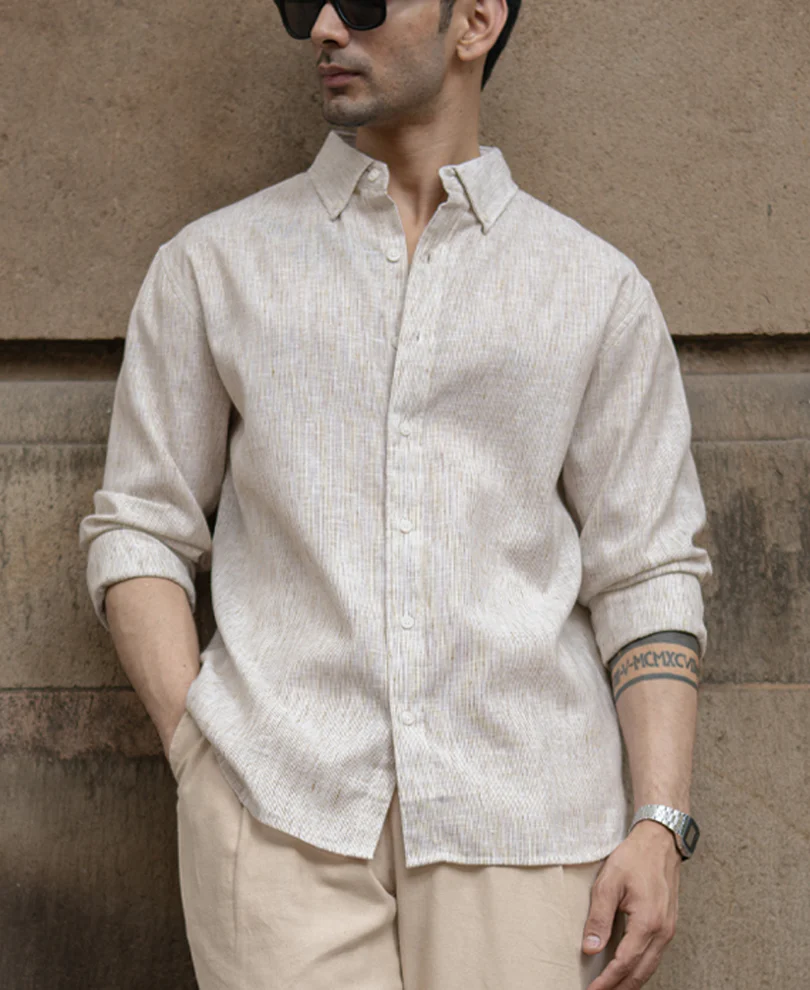 Beige Slub Stripe Shirt - Image 2