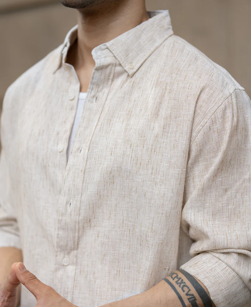 Beige Slub Stripe Shirt - Image 4