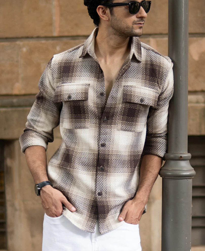 Beige Structured Checks Shirt - Image 3