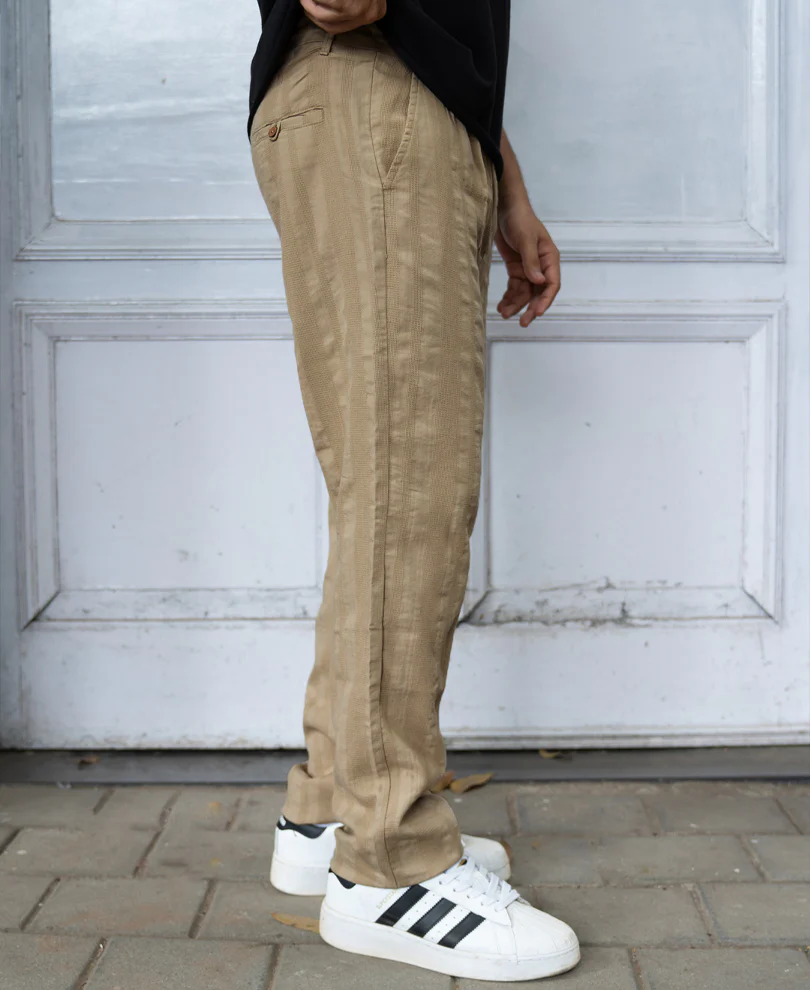 Beige Structured Pleated Trousers 100% Cotton - Image 3