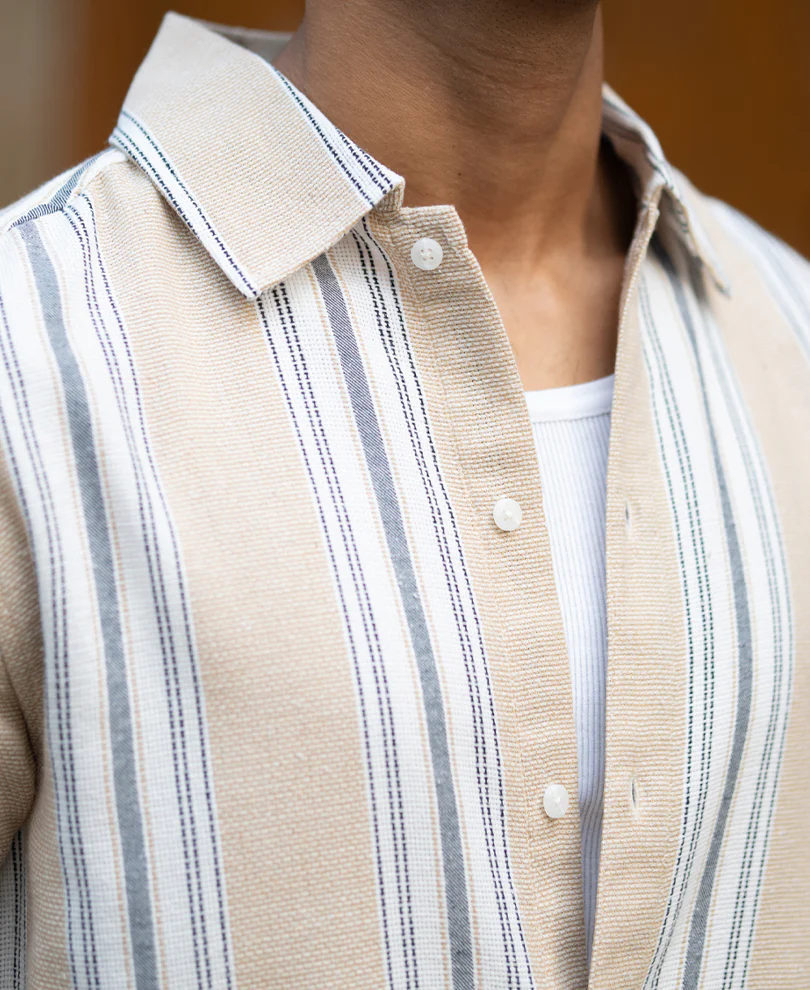 Beige Structured Stripe Regular Fit Shirt - Image 3