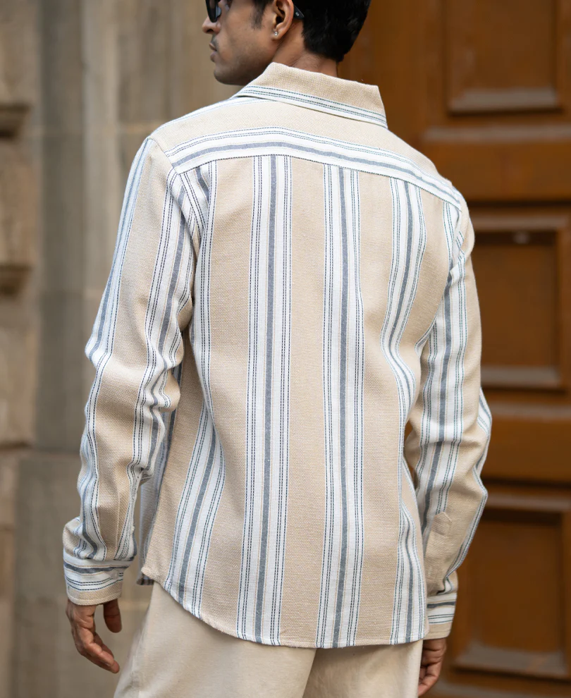 Beige Structured Stripe Regular Fit Shirt - Image 5