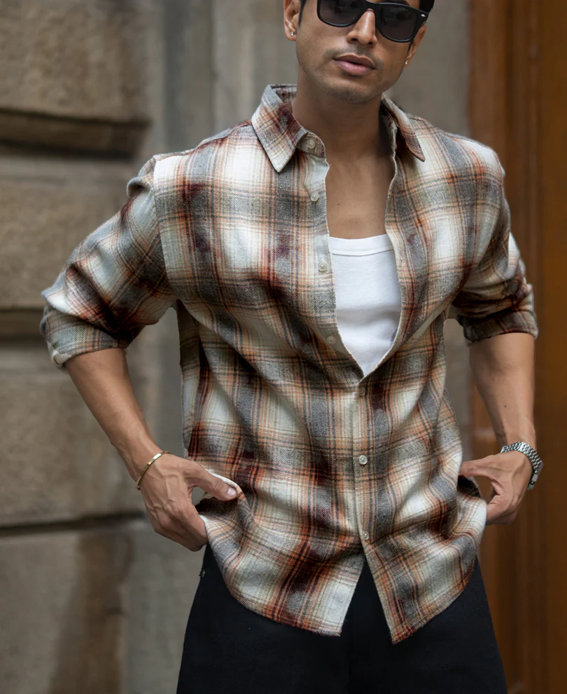 Beige Washed Checks Shirt - Image 3