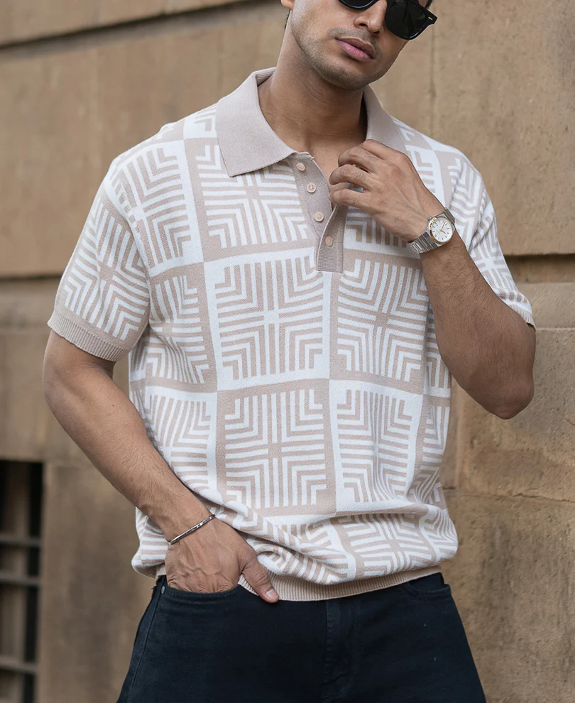 Beige Geometric Jacquard T-Shirt 100% Cotton - Image 2