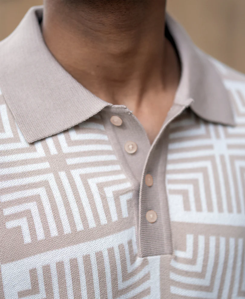 Beige Geometric Jacquard T-Shirt 100% Cotton - Image 3