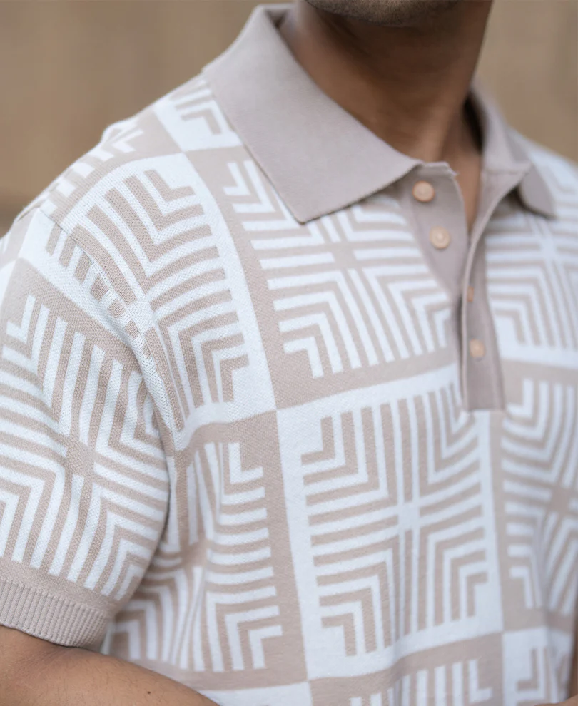 Beige Geometric Jacquard T-Shirt 100% Cotton - Image 4
