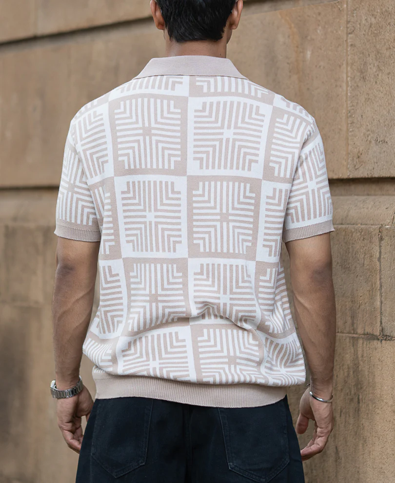 Beige Geometric Jacquard T-Shirt 100% Cotton - Image 5