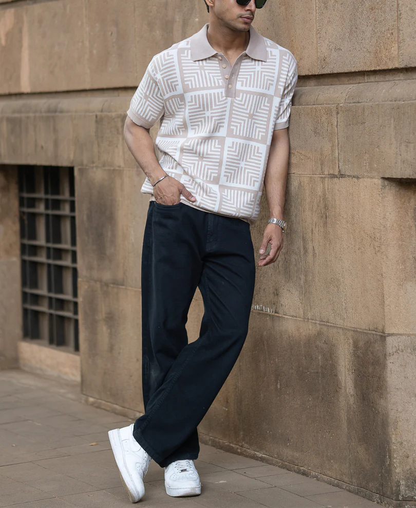 Beige Geometric Jacquard T-Shirt 100% Cotton - Image 6