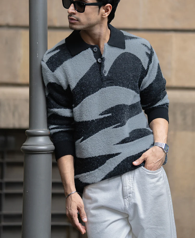 Black Abstract Jacquard Knit Polo T-Shirt - Image 3