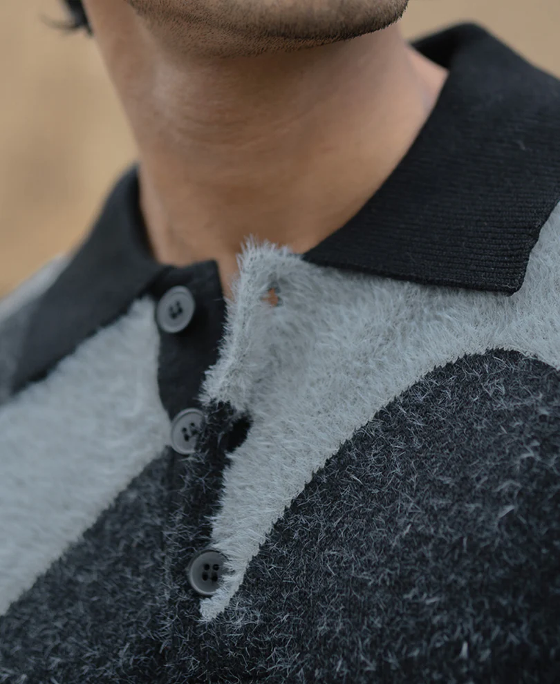 Black Abstract Jacquard Knit Polo T-Shirt - Image 4